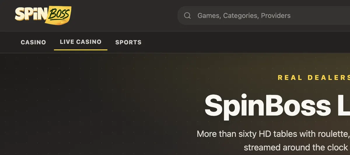 Stránka živého kasina SpinBoss (anglická verze), zaznamenáno na spinboss.live, 7. září 2026